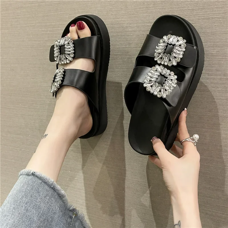 Brand Rhinestone Shoes Ladies High Heels Platform Sandals Double Buckle Band Slippers Woman Muffins Crystal FlipFlops Mujer