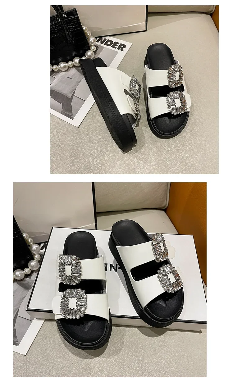 Brand Rhinestone Shoes Ladies High Heels Platform Sandals Double Buckle Band Slippers Woman Muffins Crystal FlipFlops Mujer