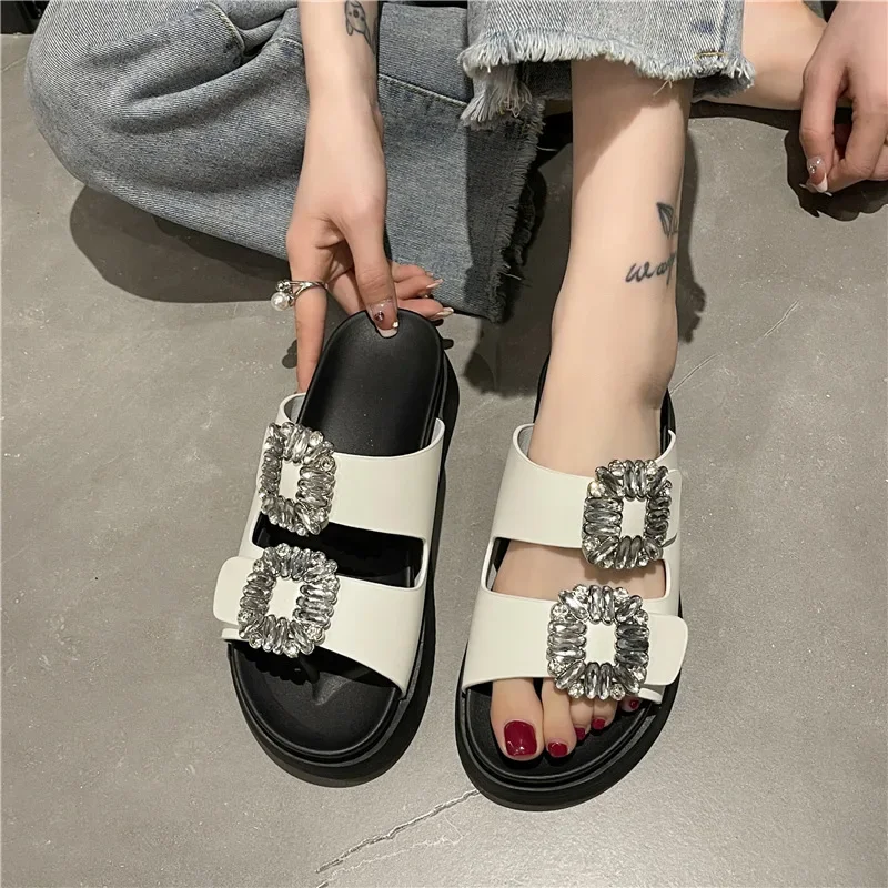 Brand Rhinestone Shoes Ladies High Heels Platform Sandals Double Buckle Band Slippers Woman Muffins Crystal FlipFlops Mujer