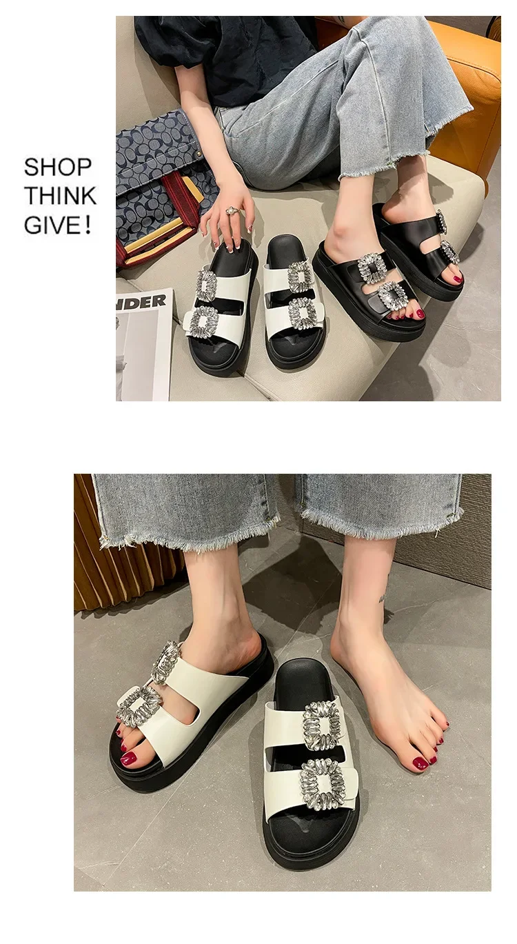 Brand Rhinestone Shoes Ladies High Heels Platform Sandals Double Buckle Band Slippers Woman Muffins Crystal FlipFlops Mujer