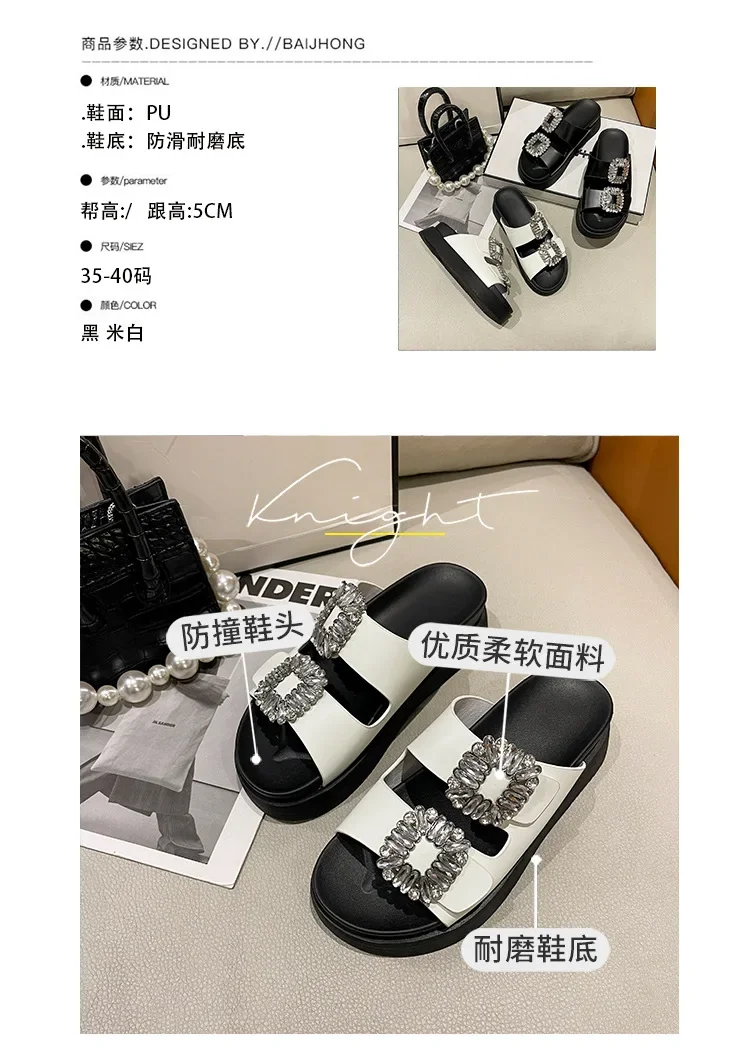 Brand Rhinestone Shoes Ladies High Heels Platform Sandals Double Buckle Band Slippers Woman Muffins Crystal FlipFlops Mujer
