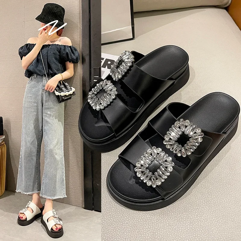 Brand Rhinestone Shoes Ladies High Heels Platform Sandals Double Buckle Band Slippers Woman Muffins Crystal FlipFlops Mujer