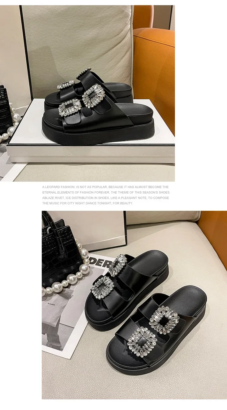 Brand Rhinestone Shoes Ladies High Heels Platform Sandals Double Buckle Band Slippers Woman Muffins Crystal FlipFlops Mujer