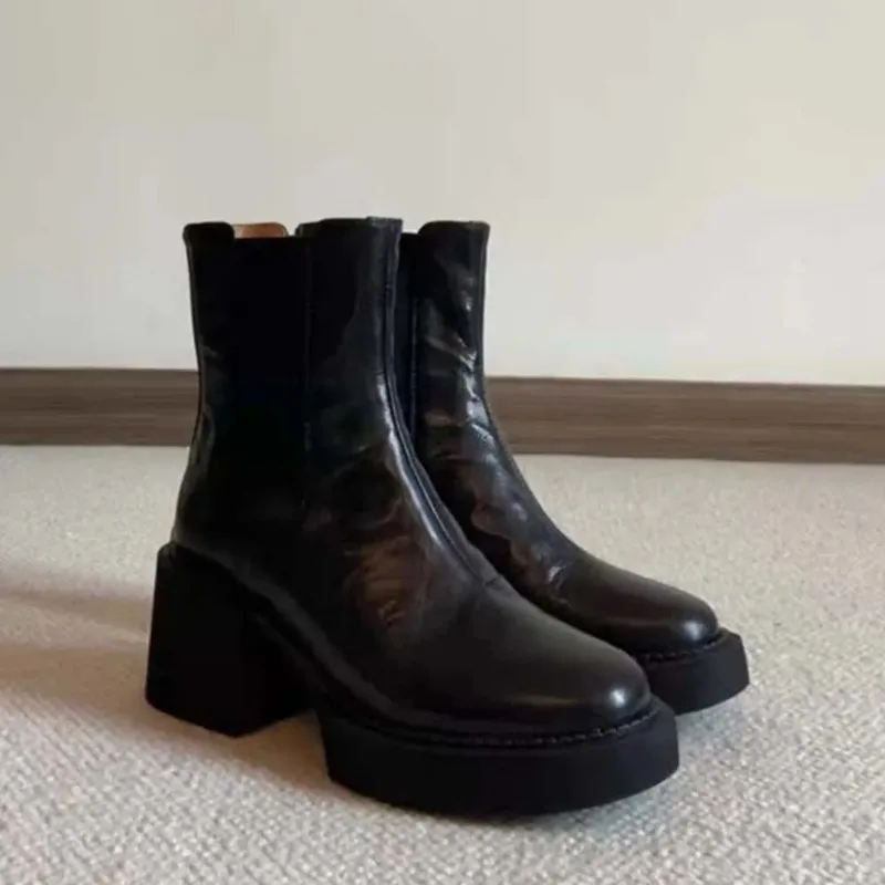 Spring and Autumn Women's Thick Bottom Ankle Boots Fashion Side Zipper Short Boots Women's Elegant Square High Heels