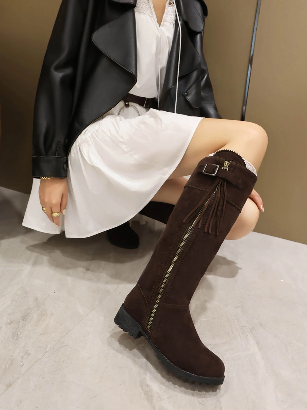 Vintage Knee High Boots Women Shoes Casual Brown Black Riding Boots Flats Autumn Winter Boots Shoes Woman Large Size 44