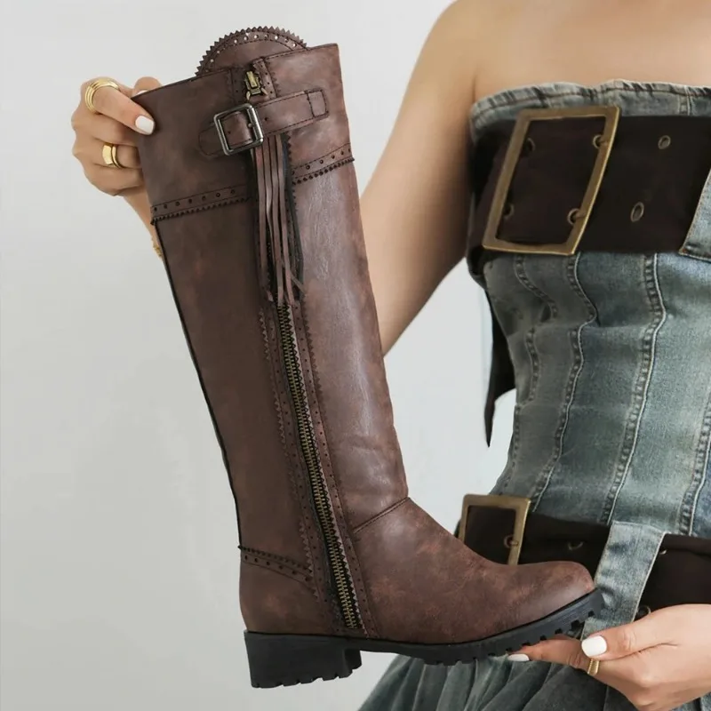 Vintage Knee High Boots Women Shoes Casual Brown Black Riding Boots Flats Autumn Winter Boots Shoes Woman Large Size 44