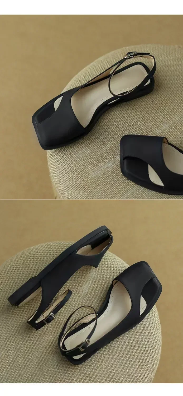 Summer Elegant Ladies Sandals Fashion Ladies Elastic Band Flat Heel Women Shallow Party Shoes Square Heel 35-40 Square Toe