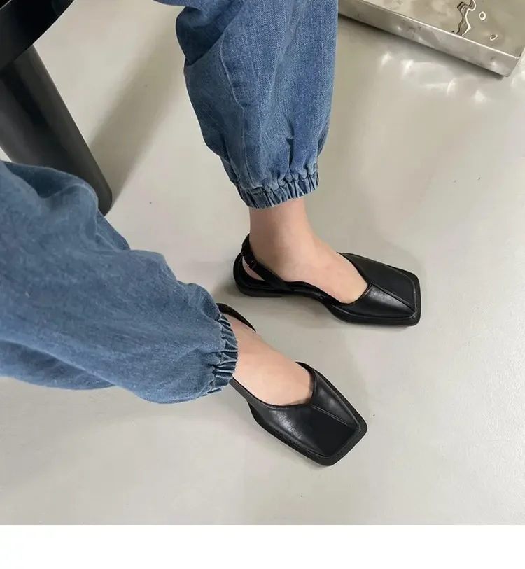 Summer Elegant Ladies Sandals Fashion Ladies Elastic Band Flat Heel Women Shallow Party Shoes Square Heel 35-40 Square Toe