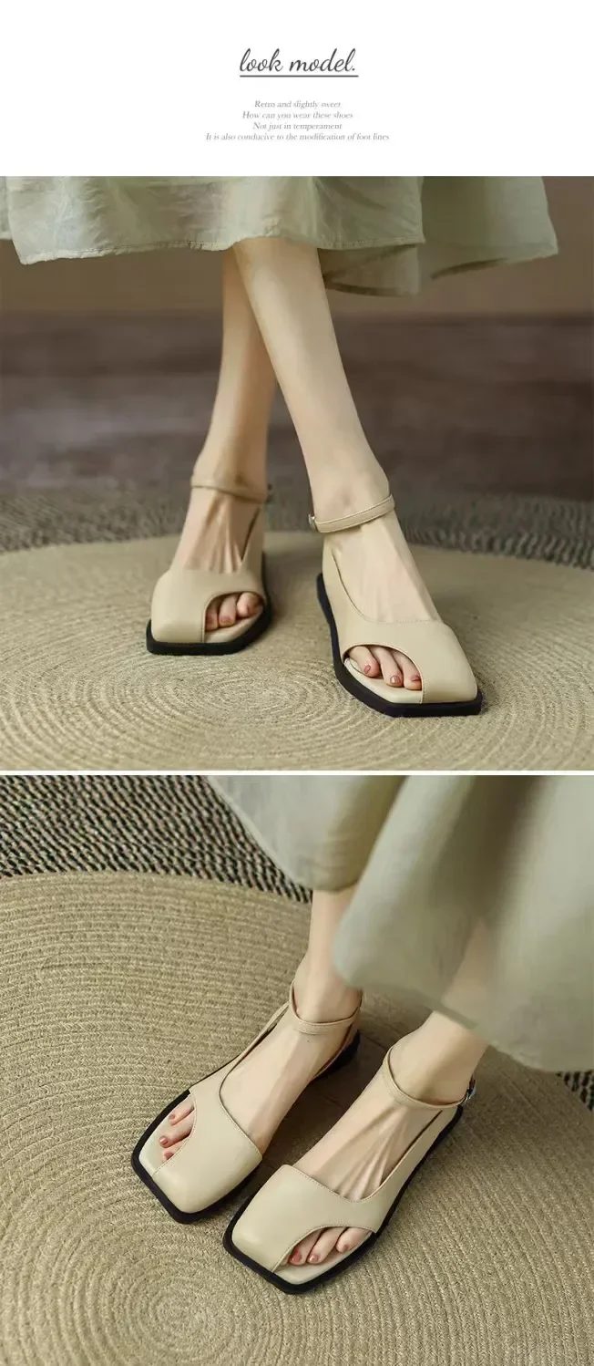 Summer Elegant Ladies Sandals Fashion Ladies Elastic Band Flat Heel Women Shallow Party Shoes Square Heel 35-40 Square Toe