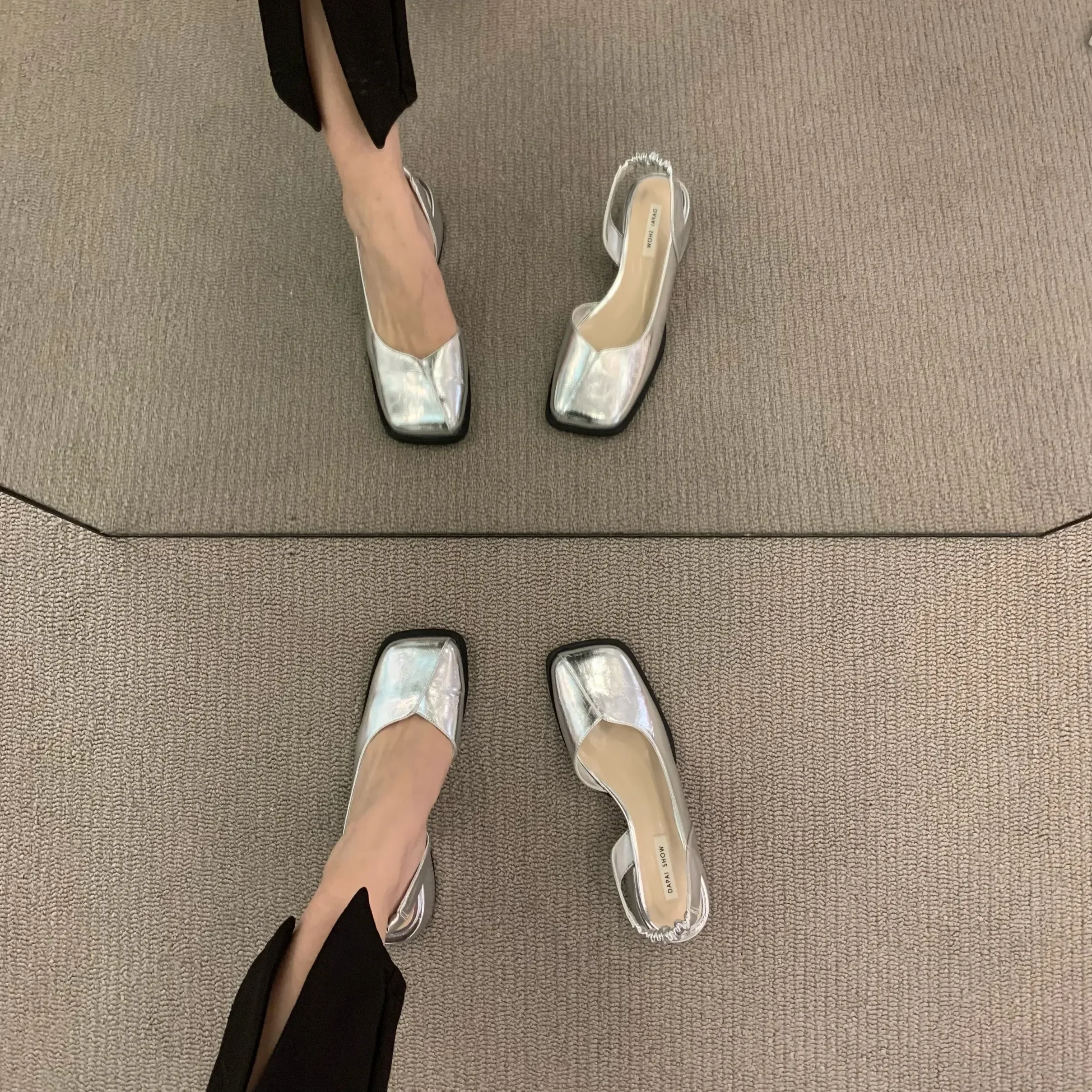 Summer Elegant Ladies Sandals Fashion Ladies Elastic Band Flat Heel Women Shallow Party Shoes Square Heel 35-40 Square Toe