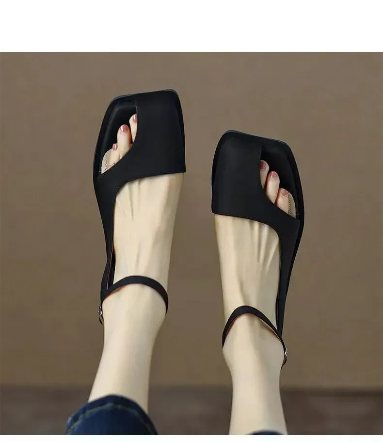 Summer Elegant Ladies Sandals Fashion Ladies Elastic Band Flat Heel Women Shallow Party Shoes Square Heel 35-40 Square Toe