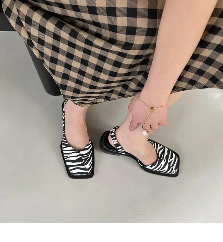 Summer Elegant Ladies Sandals Fashion Ladies Elastic Band Flat Heel Women Shallow Party Shoes Square Heel 35-40 Square Toe