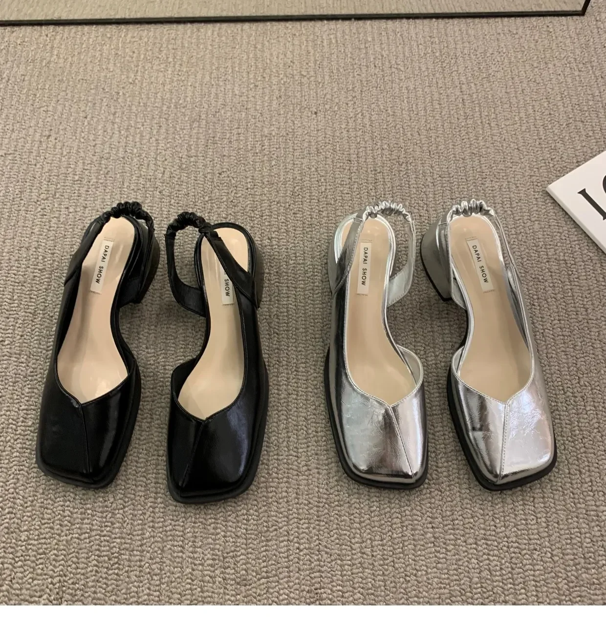 Summer Elegant Ladies Sandals Fashion Ladies Elastic Band Flat Heel Women Shallow Party Shoes Square Heel 35-40 Square Toe