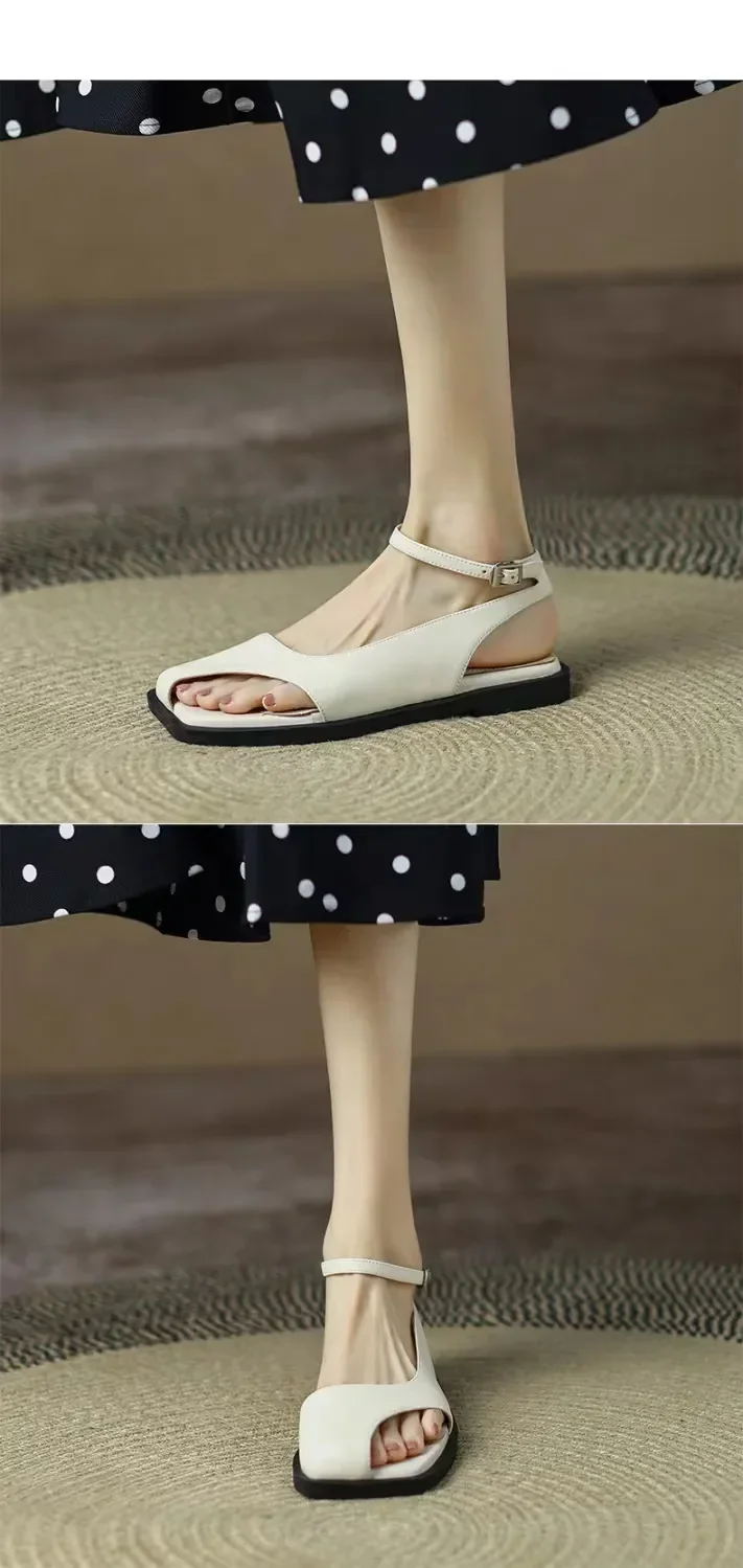 Summer Elegant Ladies Sandals Fashion Ladies Elastic Band Flat Heel Women Shallow Party Shoes Square Heel 35-40 Square Toe