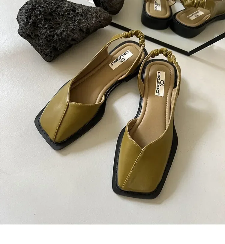 Summer Elegant Ladies Sandals Fashion Ladies Elastic Band Flat Heel Women Shallow Party Shoes Square Heel 35-40 Square Toe