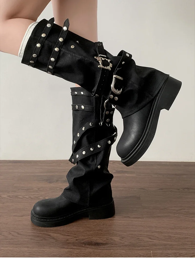 Designer Rivet Women Trouser Legs High Boots Fashion Punk Style Shoes Autumn Winter Thick Heel Ladies Knight Long Booties
