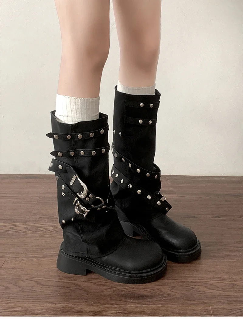Designer Rivet Women Trouser Legs High Boots Fashion Punk Style Shoes Autumn Winter Thick Heel Ladies Knight Long Booties