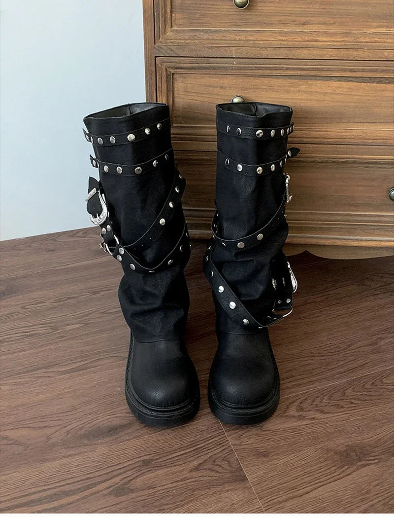 Designer Rivet Women Trouser Legs High Boots Fashion Punk Style Shoes Autumn Winter Thick Heel Ladies Knight Long Booties