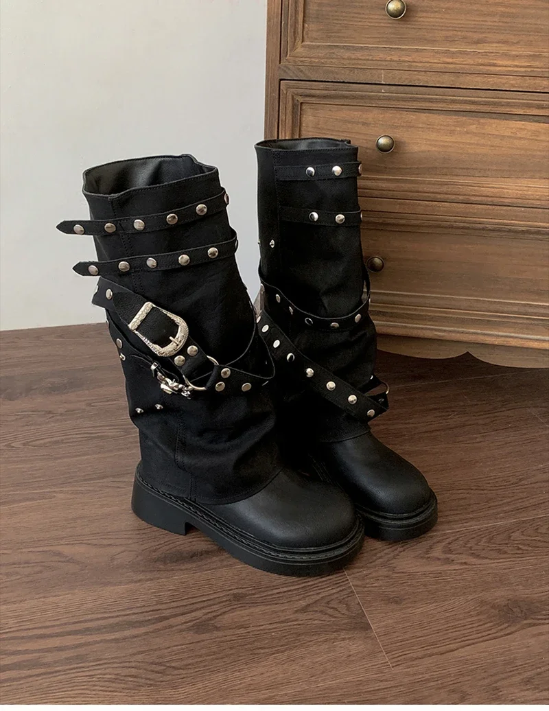 Designer Rivet Women Trouser Legs High Boots Fashion Punk Style Shoes Autumn Winter Thick Heel Ladies Knight Long Booties