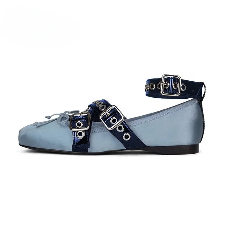 Lolita Style Fashion Buckle Strap Women Loafers Cozy Silk Round Toe Butterfly Knot Lady Flat Mary Jane Shoe Mules Sandal