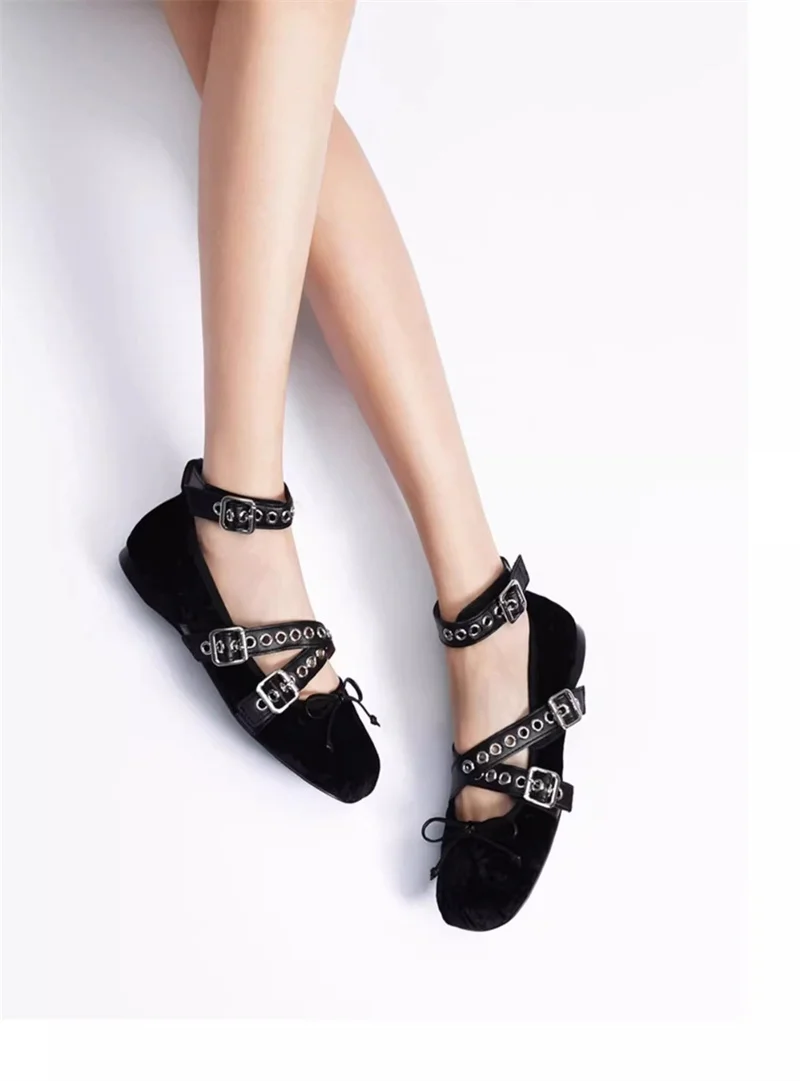 Lolita Style Fashion Buckle Strap Women Loafers Cozy Silk Round Toe Butterfly Knot Lady Flat Mary Jane Shoe Mules Sandal