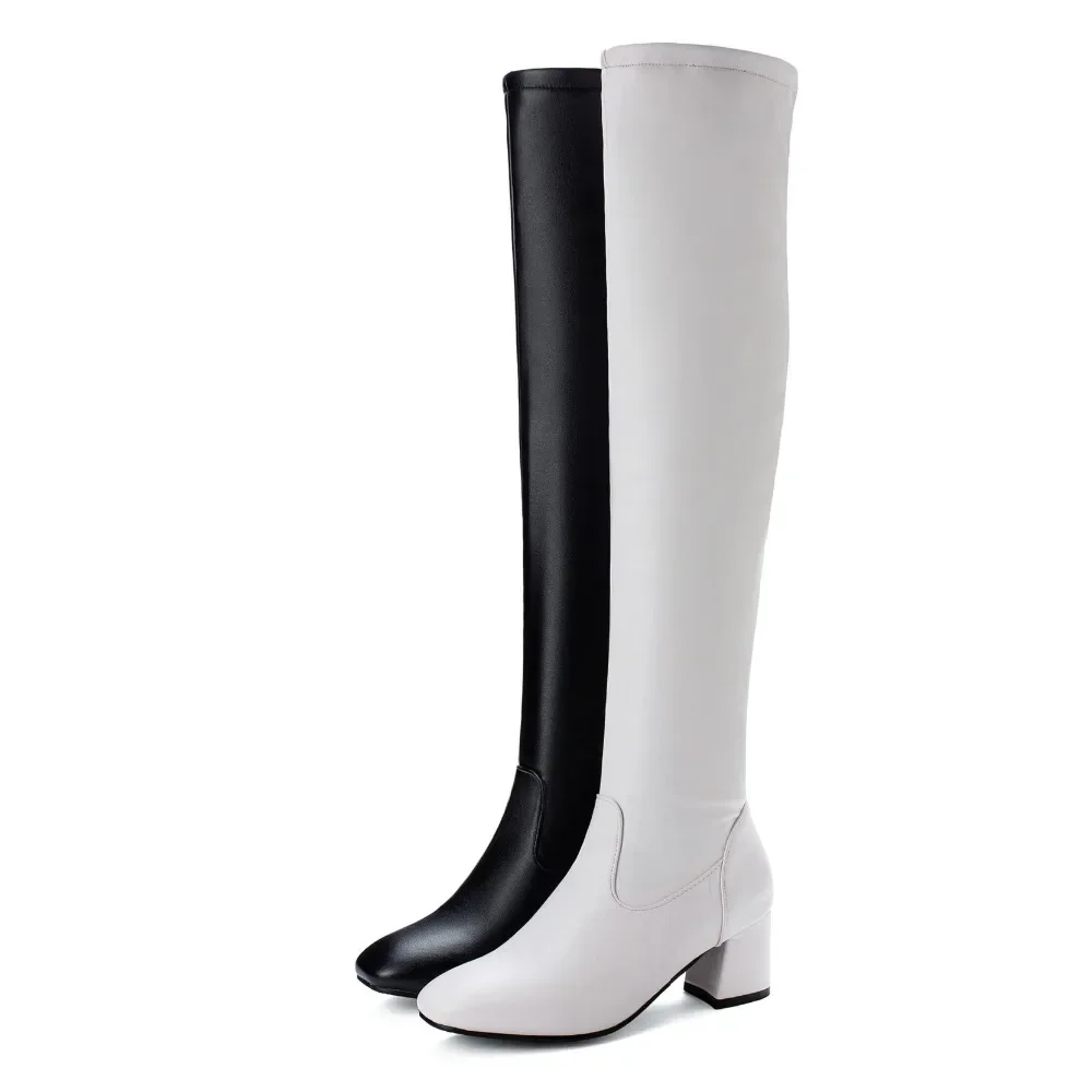 Classic Thigh High Boots Women Autumn Winter Square Middle Heel Over The Knee Boots Balck White Shoes Woman Plus Size