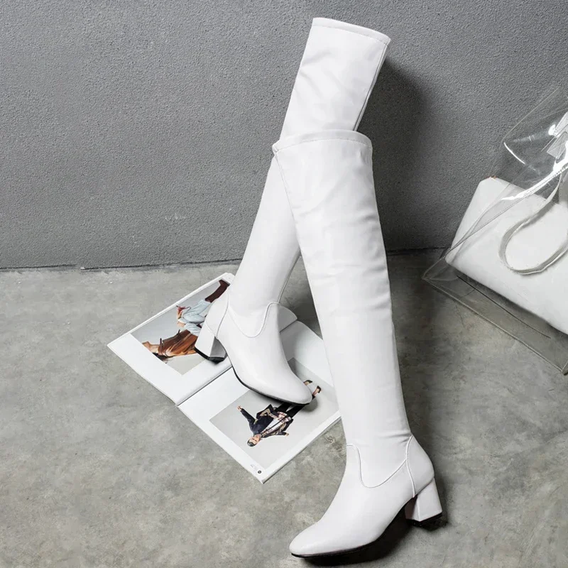 Classic Thigh High Boots Women Autumn Winter Square Middle Heel Over The Knee Boots Balck White Shoes Woman Plus Size Classic Thigh High Boots Women Autumn Winter Square Middle Heel Over The Knee Boots Balck White Shoes Woman Plus Size