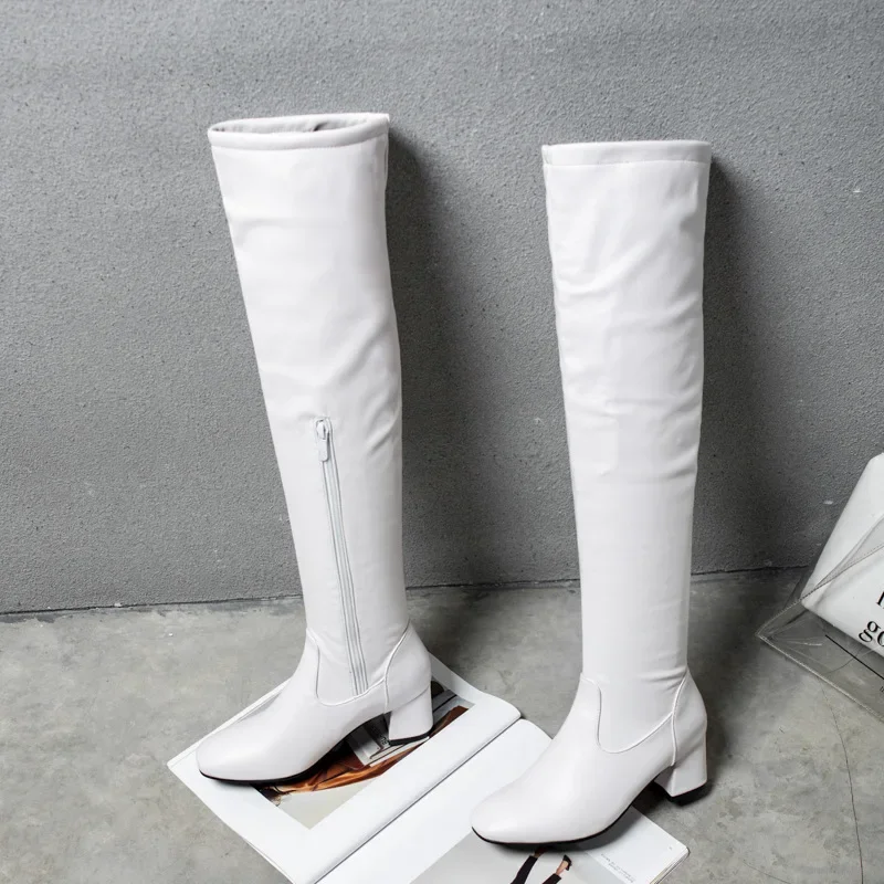Classic Thigh High Boots Women Autumn Winter Square Middle Heel Over The Knee Boots Balck White Shoes Woman Plus Size