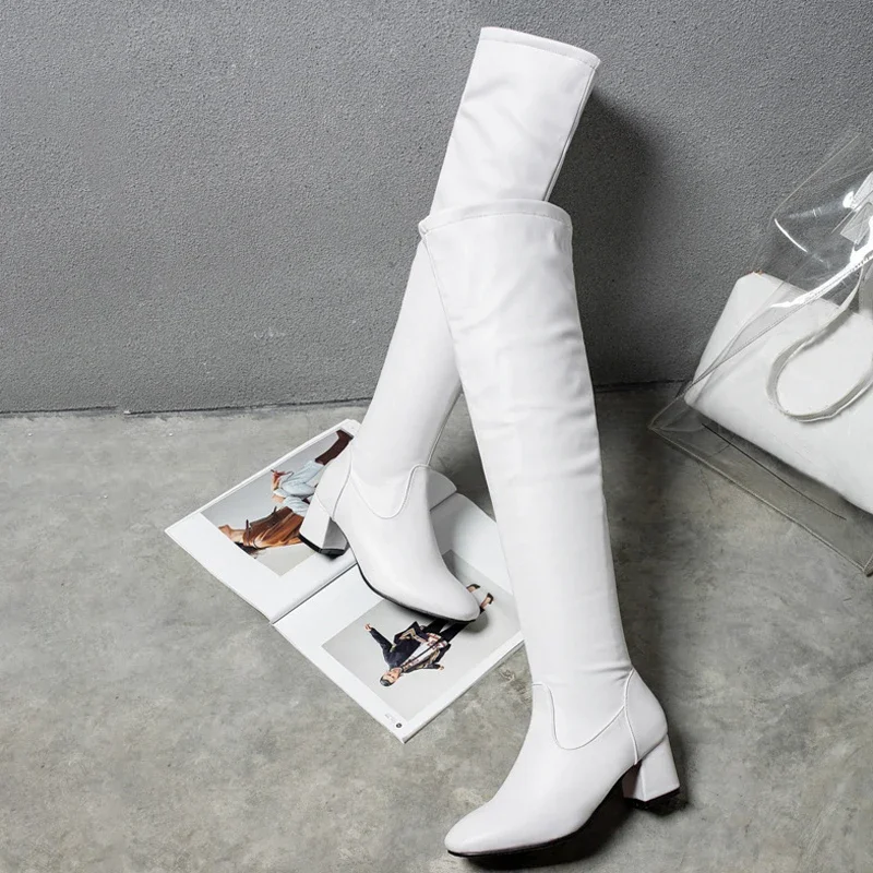 Classic Thigh High Boots Women Autumn Winter Square Middle Heel Over The Knee Boots Balck White Shoes Woman Plus Size