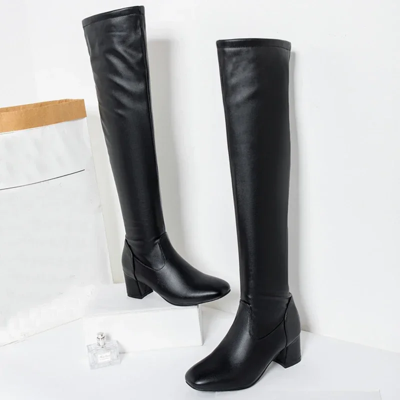 Classic Thigh High Boots Women Autumn Winter Square Middle Heel Over The Knee Boots Balck White Shoes Woman Plus Size Classic Thigh High Boots Women Autumn Winter Square Middle Heel Over The Knee Boots Balck White Shoes Woman Plus Size