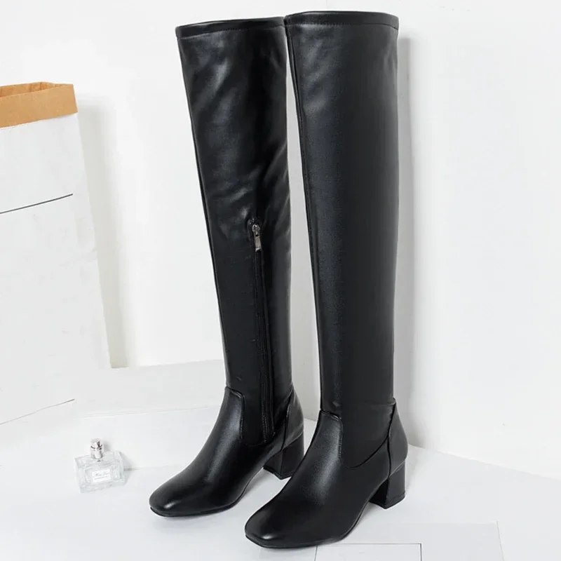 Classic Thigh High Boots Women Autumn Winter Square Middle Heel Over The Knee Boots Balck White Shoes Woman Plus Size Classic Thigh High Boots Women Autumn Winter Square Middle Heel Over The Knee Boots Balck White Shoes Woman Plus Size