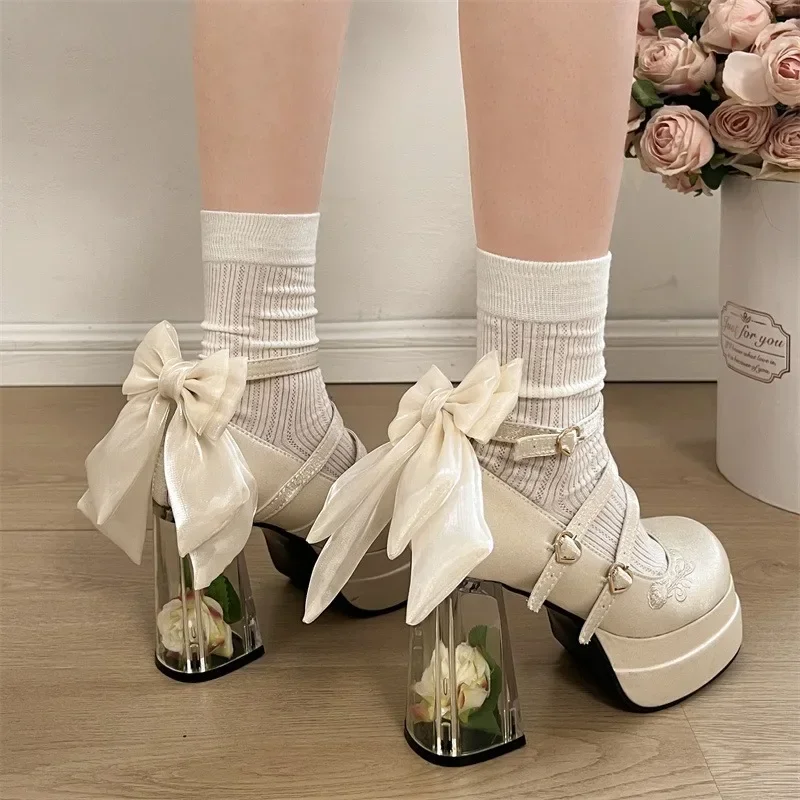 2025 Summer Fashion Mary Janes Women's High Heels Buckle Strap Party Pumps Women Bow Tie Shallow Chunky Heel Platform Shoes