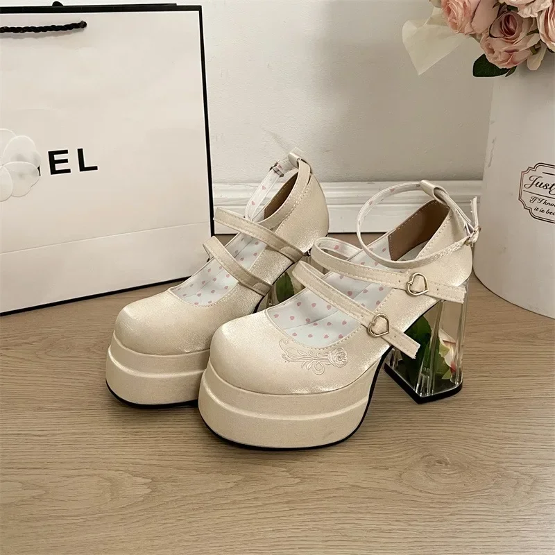2025 Summer Fashion Mary Janes Women's High Heels Buckle Strap Party Pumps Women Bow Tie Shallow Chunky Heel Platform Shoes