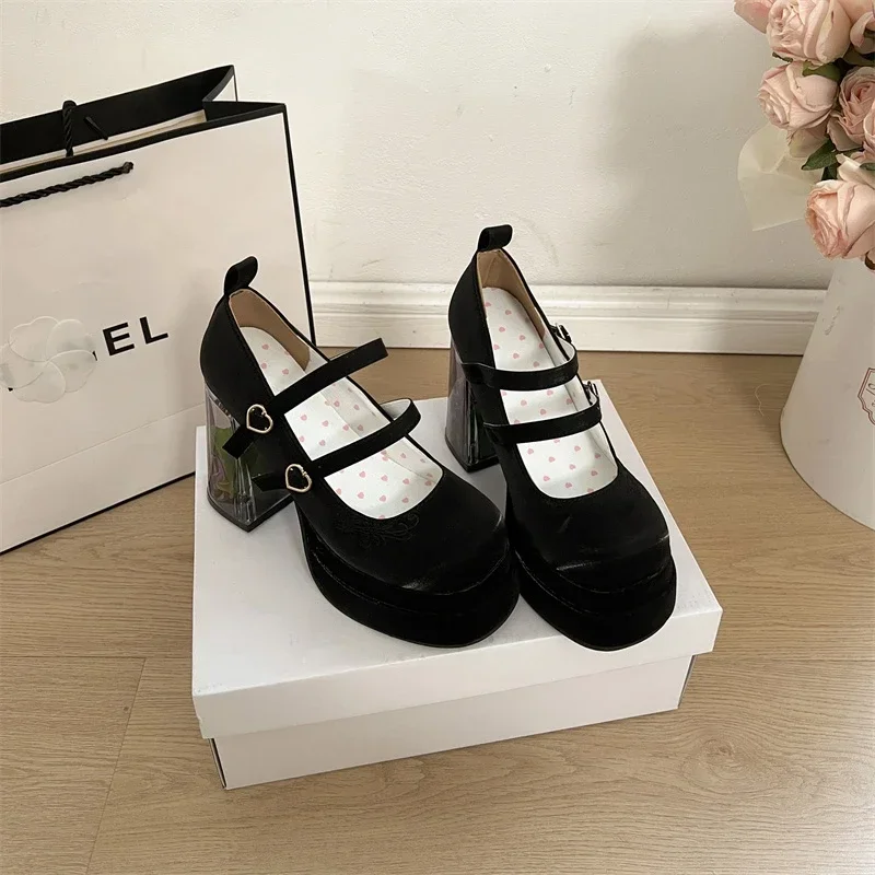 2025 Summer Fashion Mary Janes Women's High Heels Buckle Strap Party Pumps Women Bow Tie Shallow Chunky Heel Platform Shoes