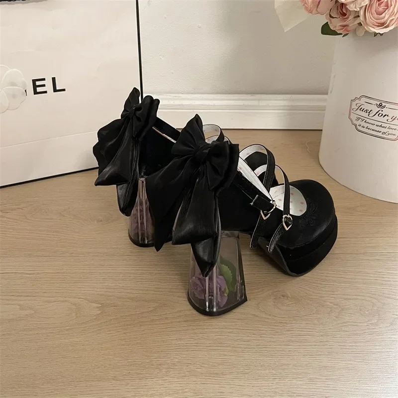 2025 Summer Fashion Mary Janes Women's High Heels Buckle Strap Party Pumps Women Bow Tie Shallow Chunky Heel Platform Shoes