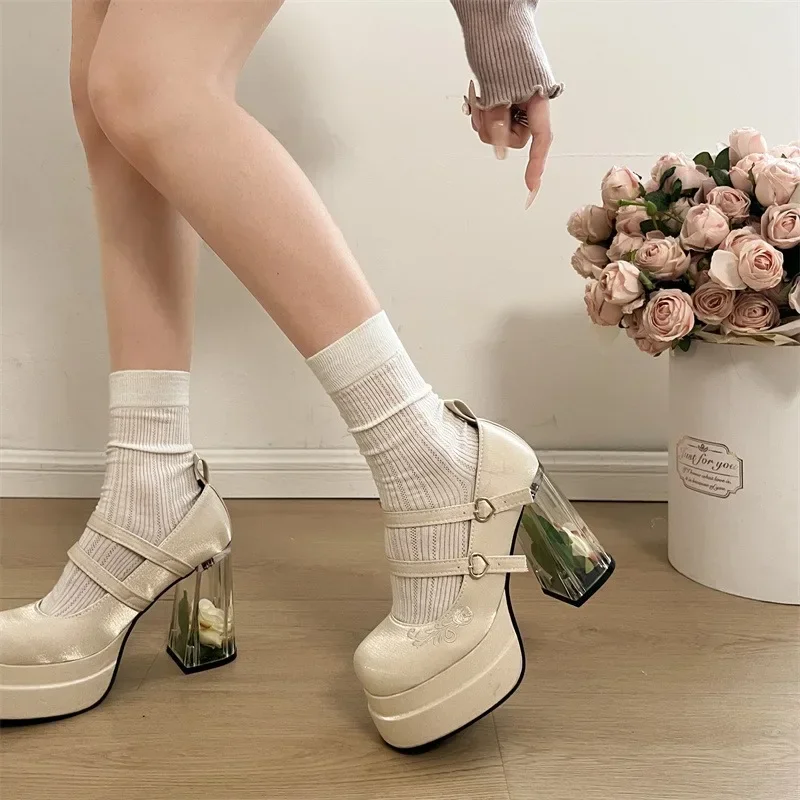 2025 Summer Fashion Mary Janes Women's High Heels Buckle Strap Party Pumps Women Bow Tie Shallow Chunky Heel Platform Shoes