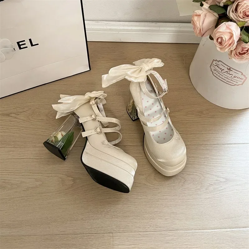 2025 Summer Fashion Mary Janes Women's High Heels Buckle Strap Party Pumps Women Bow Tie Shallow Chunky Heel Platform Shoes