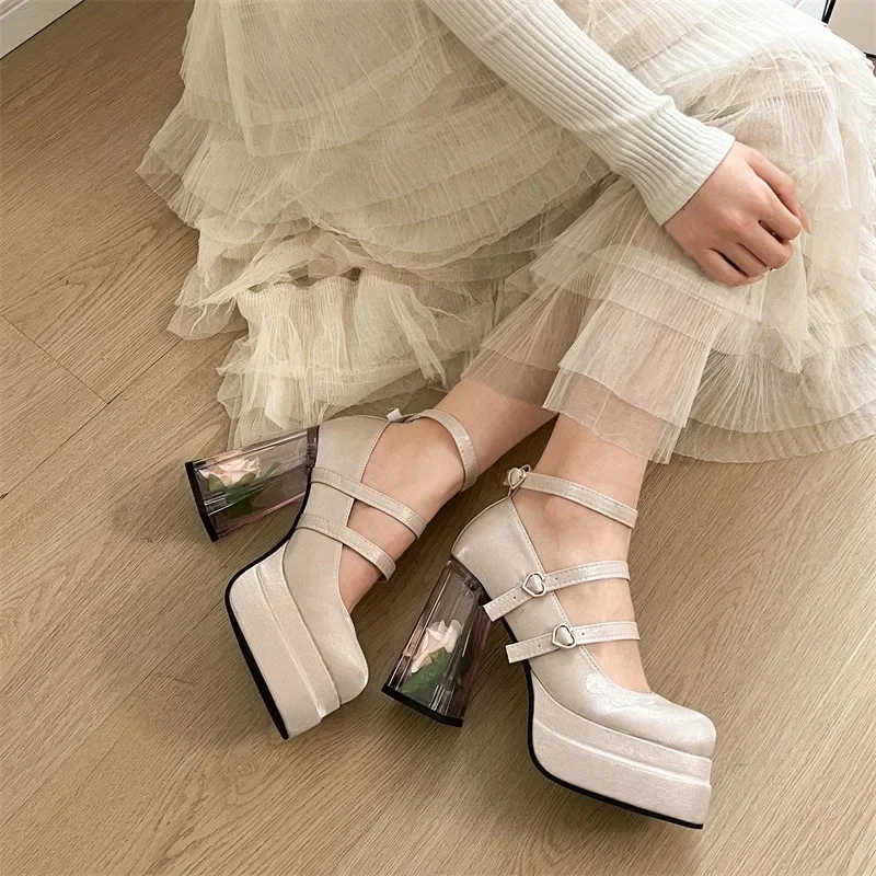 2025 Summer Fashion Mary Janes Women's High Heels Buckle Strap Party Pumps Women Bow Tie Shallow Chunky Heel Platform Shoes