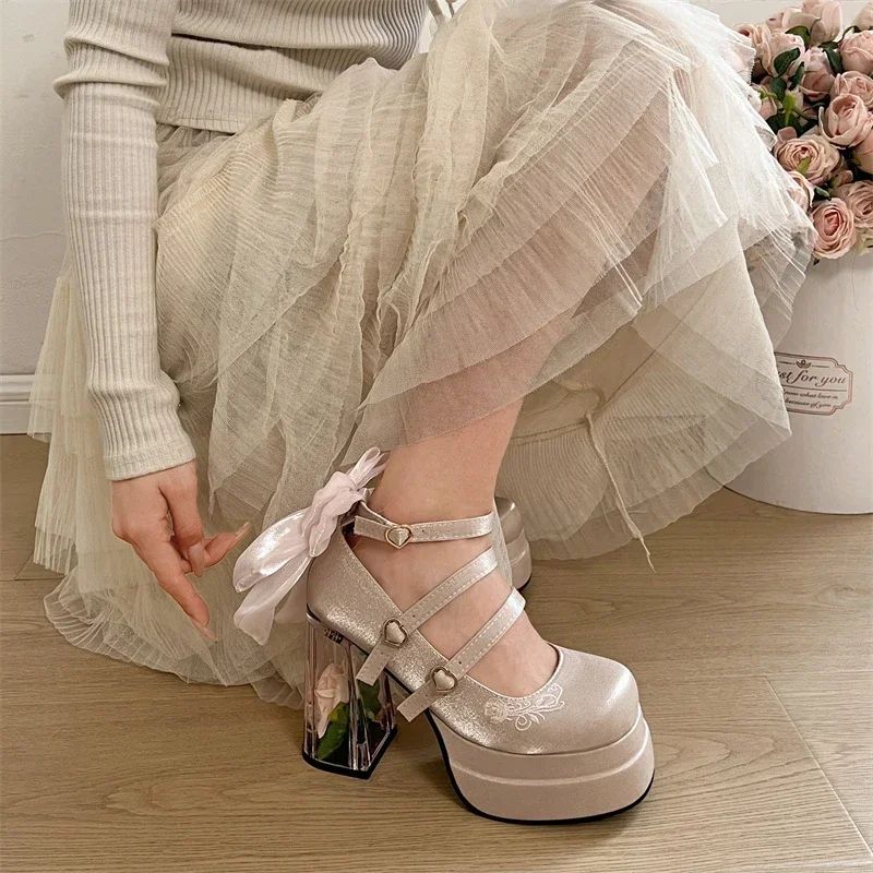 2025 Summer Fashion Mary Janes Women's High Heels Buckle Strap Party Pumps Women Bow Tie Shallow Chunky Heel Platform Shoes