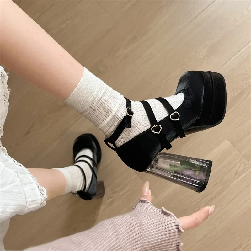 2025 Summer Fashion Mary Janes Women's High Heels Buckle Strap Party Pumps Women Bow Tie Shallow Chunky Heel Platform Shoes