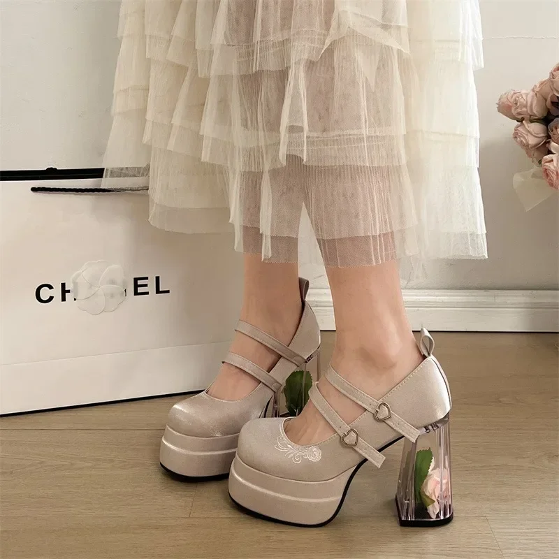 2025 Summer Fashion Mary Janes Women's High Heels Buckle Strap Party Pumps Women Bow Tie Shallow Chunky Heel Platform Shoes