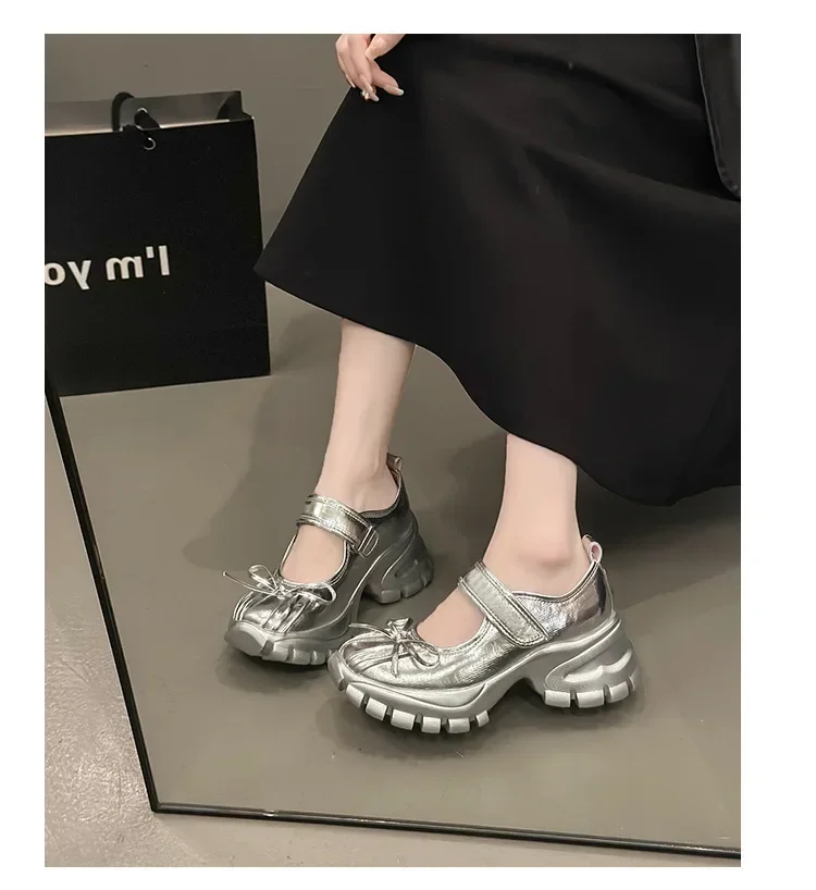 Women Casual Silver Platform Ballet Shoes Thick Sole Sneakers New Summer Fashion Single Shoes Woman Platform Mary Jane Pumps