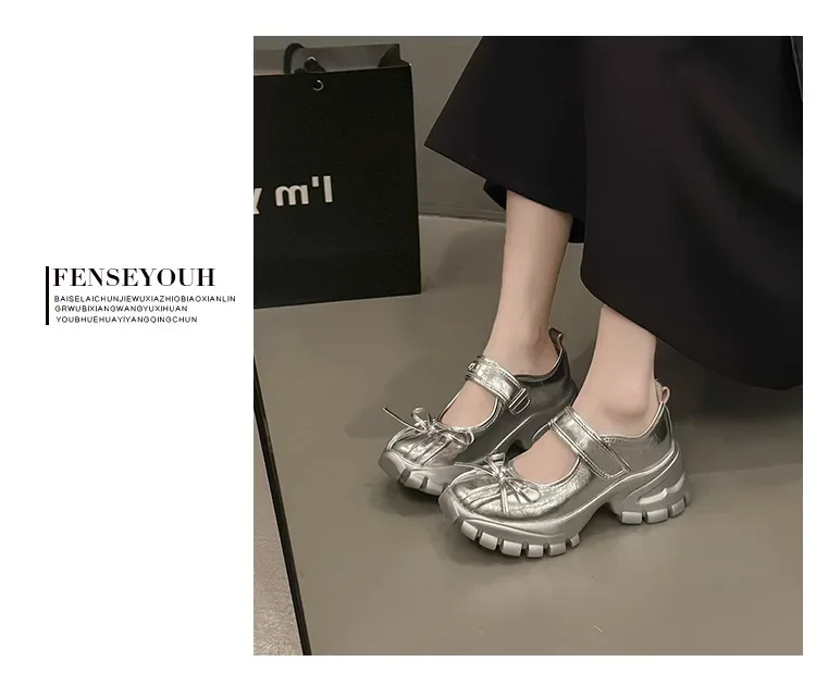 Women Casual Silver Platform Ballet Shoes Thick Sole Sneakers New Summer Fashion Single Shoes Woman Platform Mary Jane Pumps