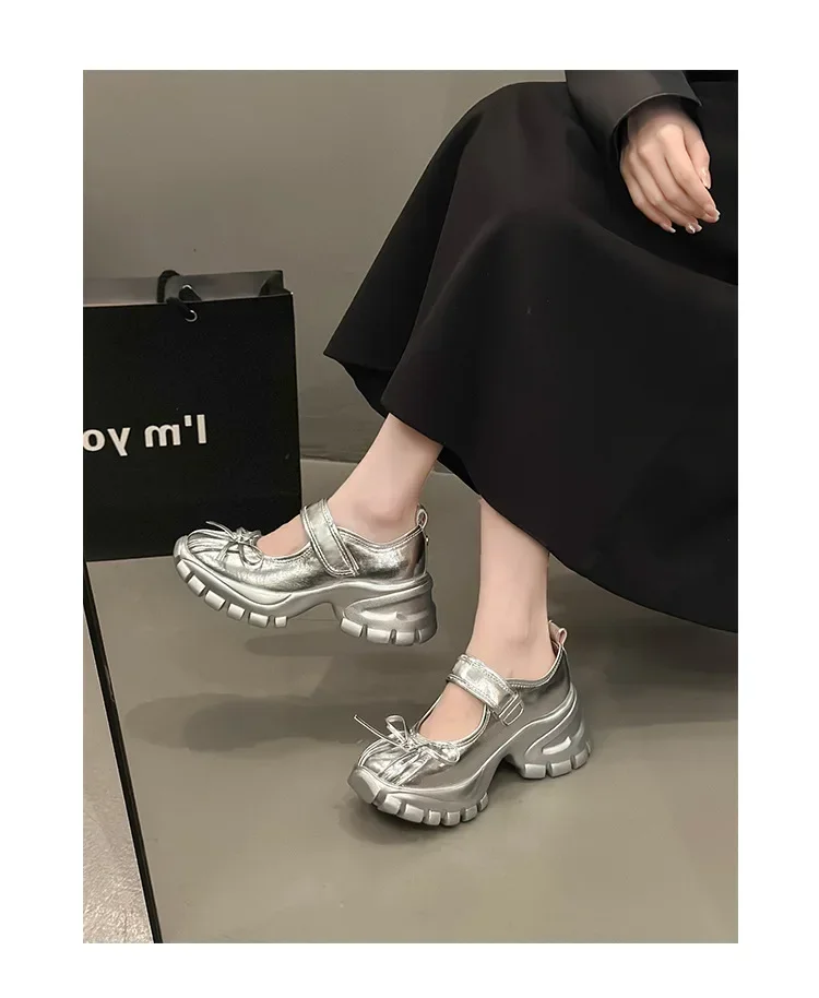 Women Casual Silver Platform Ballet Shoes Thick Sole Sneakers New Summer Fashion Single Shoes Woman Platform Mary Jane Pumps
