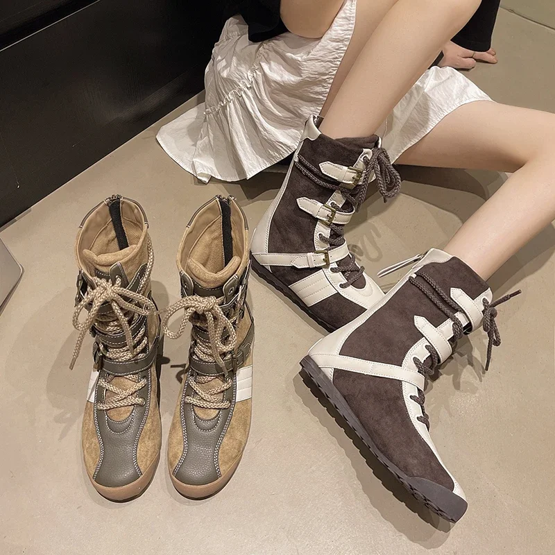 Round Toe Color Block Front Lace-Up Soft Sole Anti-slip Wear-resistant Mid-cylinder Flat Boots