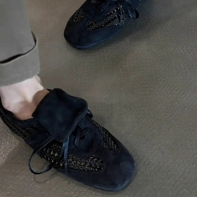 Women's Soft Sole Soft Sneaker Fall New Round Toe Deep Mouth Suede Open Toe Front Lace-Up Non-Slip Flats