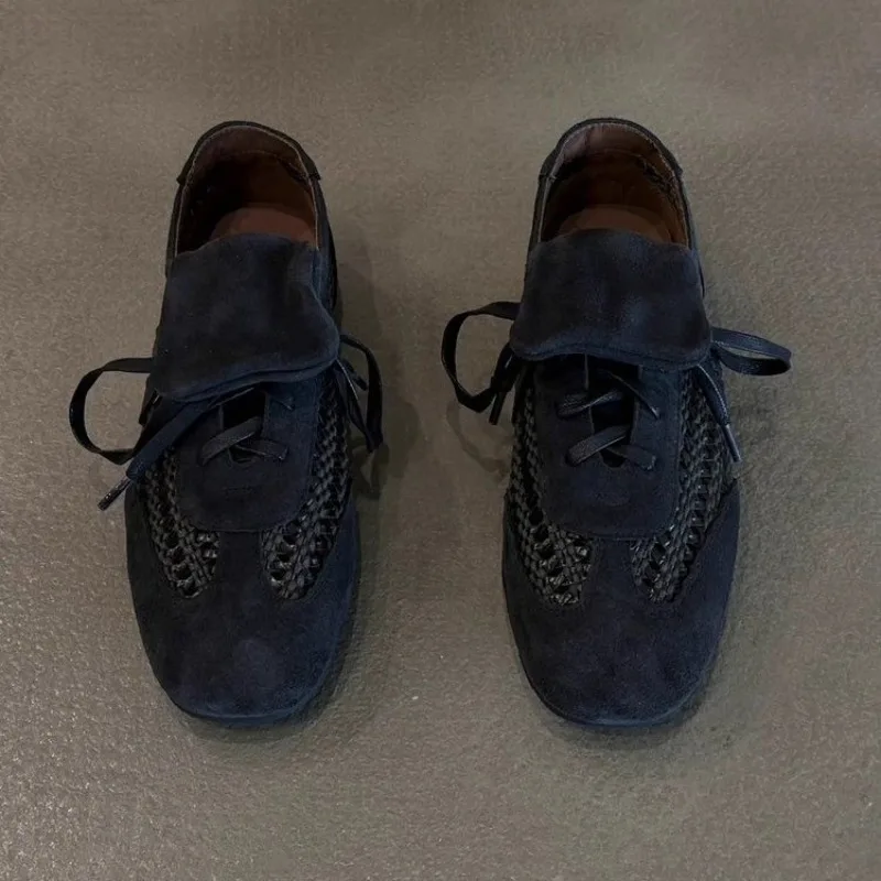 Women's Soft Sole Soft Sneaker Fall New Round Toe Deep Mouth Suede Open Toe Front Lace-Up Non-Slip Flats