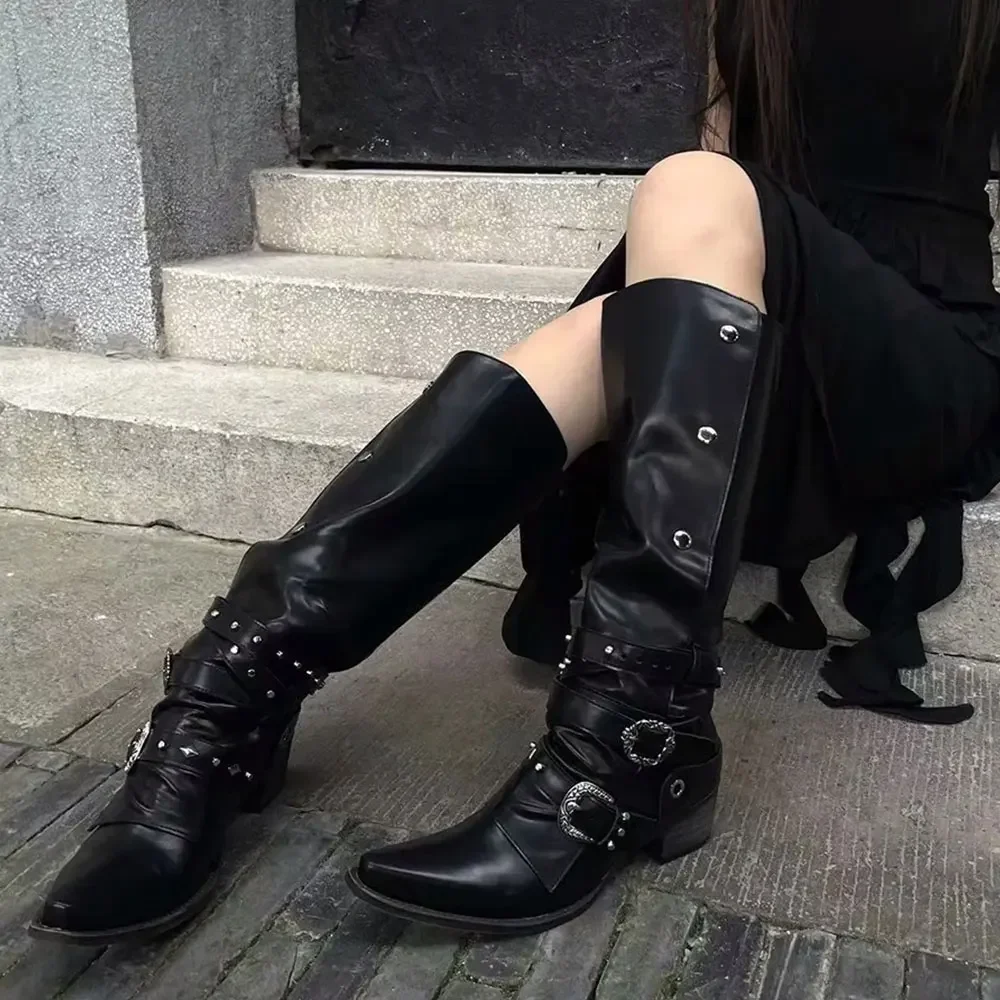 Wasteland Punk style Gothic Black Vintage Motorcycles Boots for Women Pointy Toe Rivets Western Boot Shoes