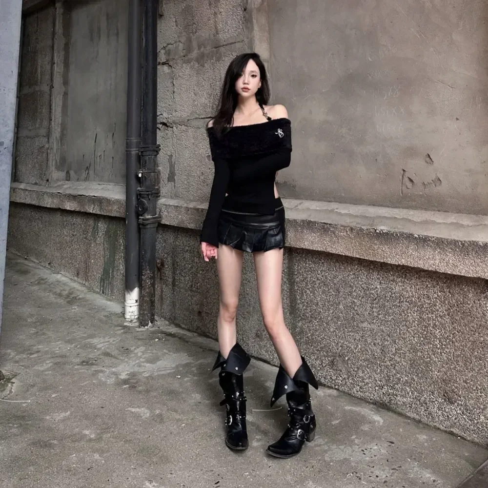 Wasteland Punk style Gothic Black Vintage Motorcycles Boots for Women Pointy Toe Rivets Western Boot Shoes