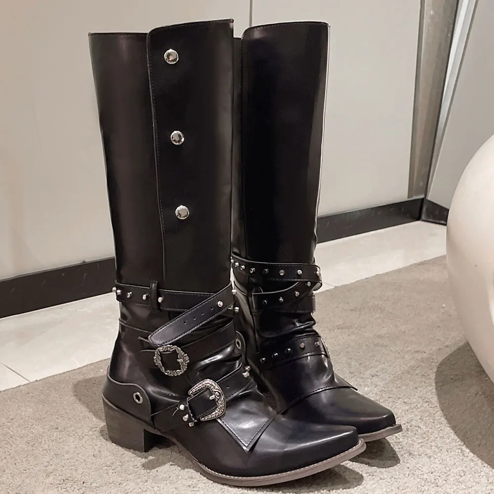 Wasteland Punk style Gothic Black Vintage Motorcycles Boots for Women Pointy Toe Rivets Western Boot Shoes